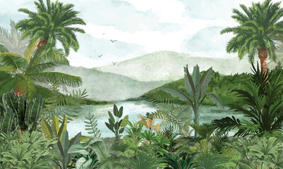 Lush Green Tropical Landscape Wallpaper: Vibrant Mountains & Palms by Calm Water © csinie1