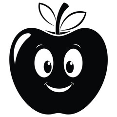 A cartoon apple character smiles, its black silhouette creating a simple yet expressive design