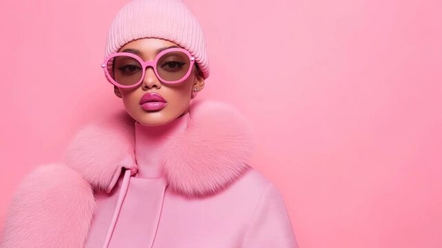 Fashion model showcases stylish winter outfit in pink against a soft pastel backdrop