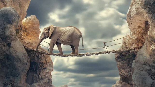 Elephant walking across a rope bridge between rocky outcrops inspirational landscape image