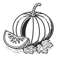Black and white pumpkin slice, whole fruit and leaf evoke autumn harvest