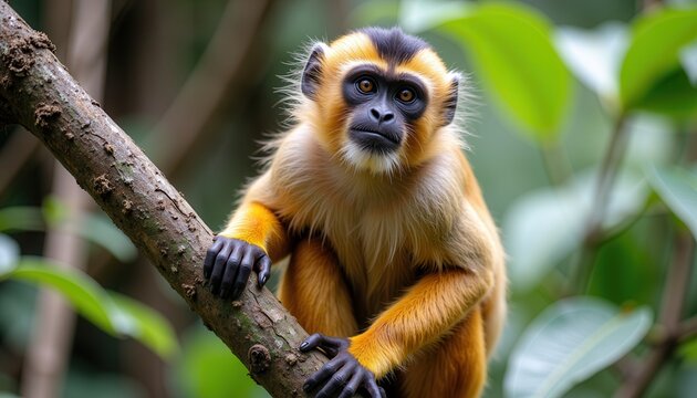 Golden guenon monkey in lush jungle environment