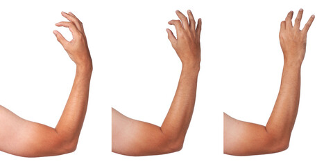 Male asian hand gestures isolated over the white background. Holding small thing.