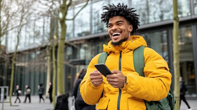 Joyful Young Man Using Smartphone in City