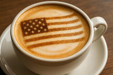 A patriotic latte art design featuring the American flag graces the top of a creamy cappuccino in a white cup.