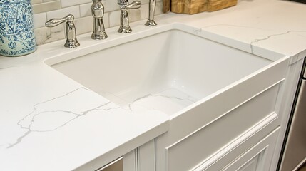 Farmhouse kitchen sink, quartz countertop, white cabinetry, detail shot, home design