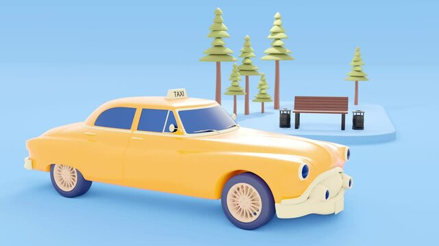 Car traffic. A taxi approaches a stop, stops and drives on. Looped 3D animation in low poly style