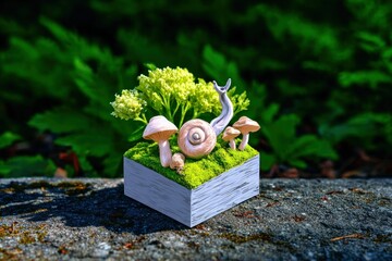 Miniature Snail Ecosystem Diorama with Mushrooms and Moss