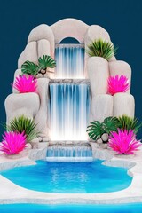 Miniature Tropical Waterfall with Pink Plants and Blue Pool