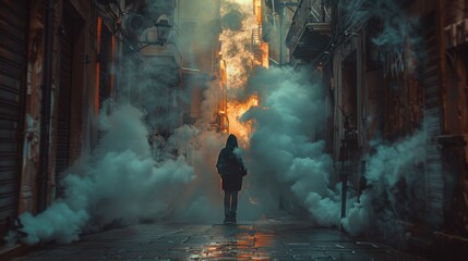 A hauntingly atmospheric street scene shrouded in smoke and dim lights, inviting intrigue and a sense of mystery, suggesting a narrative of adventure and hidden stories in an urban setting.