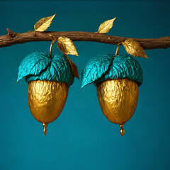 Golden Acorns on Teal Leaves Branch, Nature Still Life, Elegant Botanical