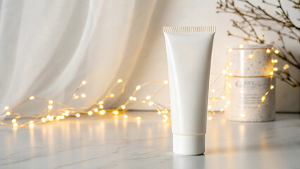 Blank white cosmetic tube with string lights and decorative background on a marble surface