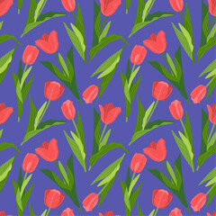 Obraz premium A floral seamless pattern featuring various colorful tulips with green leaves on a dark background. Geometric background pattern. Botanical design for print, wallpaper, textile, and wrapping paper.
