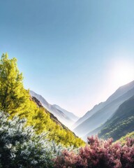 Misty Blue Mountains Landscape with Fog and Clouds
