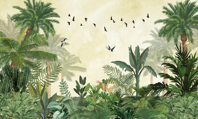Subtle Nature Wall Mural: Faded Green Exotic Plants Background with Flying Birds © csinie1