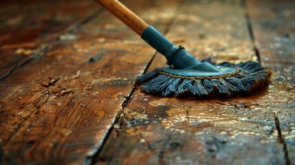 A close-up of a mop cleaning a rustic wooden floor, with droplets and texture emphasizing cleanliness and the effort needed for maintaining a tidy environment.
