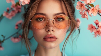 A captivating portrait featuring a young woman with freckles, stylish glasses, and blossoms, embodying beauty, spring vibes, and fashionable aesthetics in a vibrant setting.