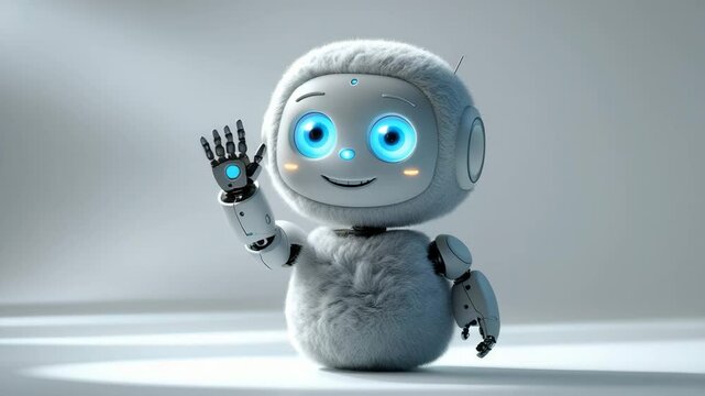 Cute robot character waving to say hi or hello
