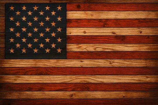 An American flag crafted from wood. A patriotic symbol of nation and heritage. - Powered by Adobe