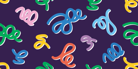Fun colorful line doodle seamless pattern for kids birthday party or celebration background, trendy design with scribble shapes on blue backdrop