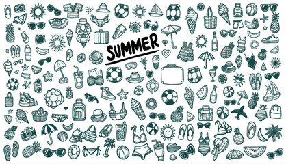 Hand-drawn doodle pack of summer items in outline vector style. Summer and Beach Design Elements and Lettering in Doodle Style.