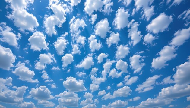 aerial view of fluffy white clouds under a bright blue sky, position subject at top with clear copy space at bottom.