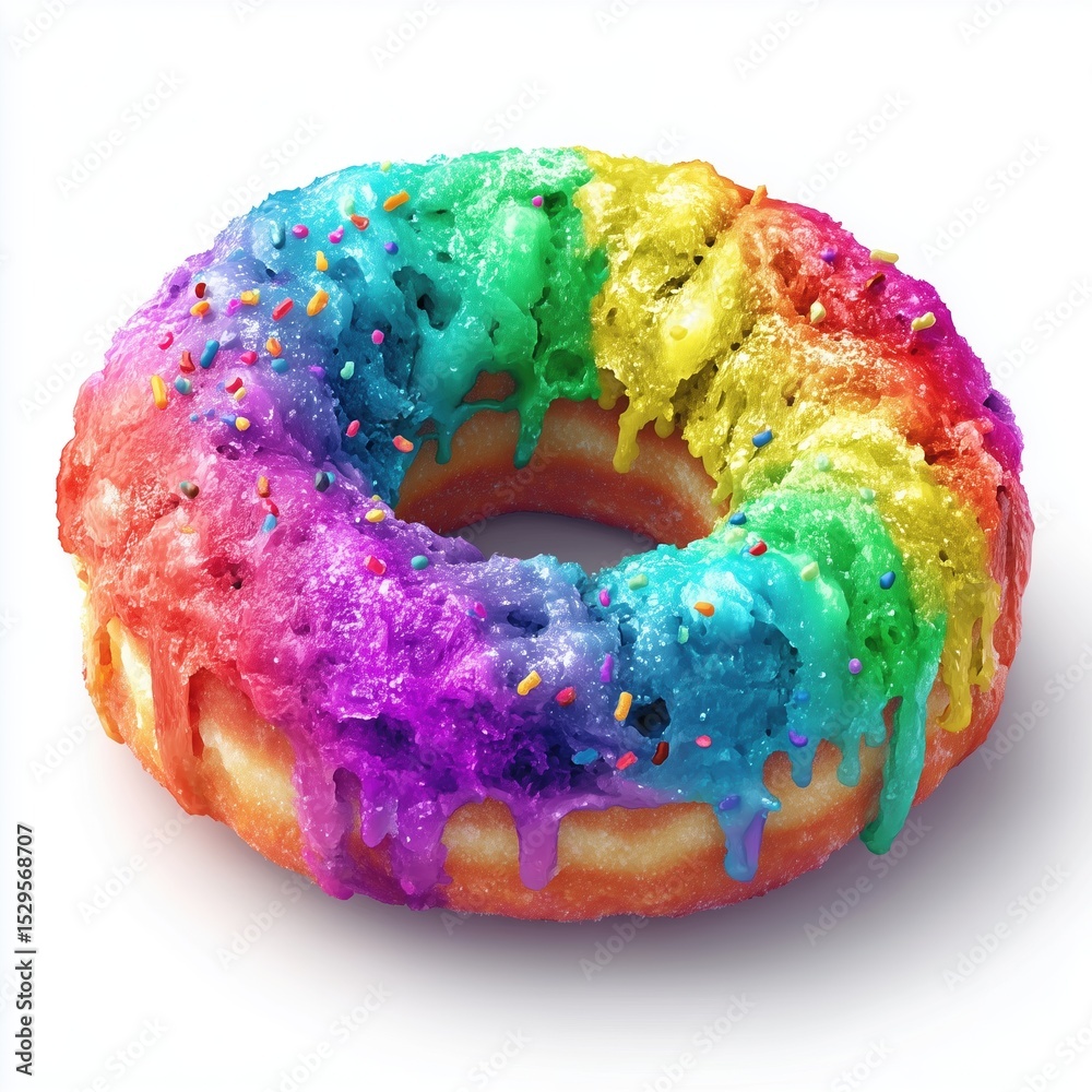 Poster photorealistic rainbow doughnut sculpted from snowy particles on a pristine white background, no sha