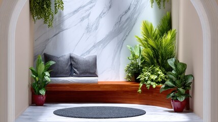 Modern Entryway with Sunlight Streaming Through Plants and Marble Walls