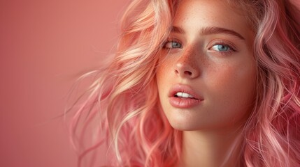 Fototapeta premium This striking portrait captures a young girl with vibrant pink hair and captivating blue eyes, showcasing her natural beauty against a soft pink background.