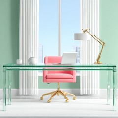 Modern Glass Home Office Desk with Pink Chair