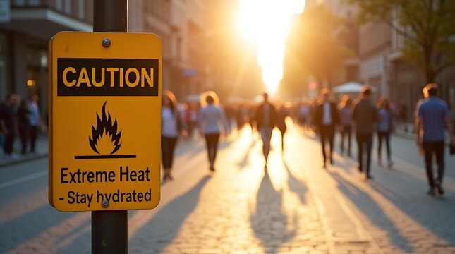Caution sign for extreme heat with people walking on street during sunset  