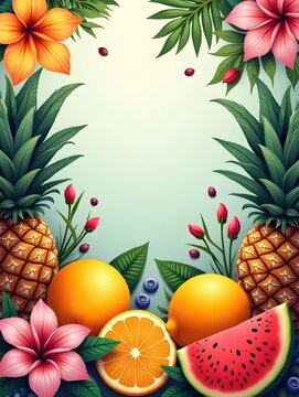 Tropical fruits and vibrant flowers celebrating nature's beauty and abundance