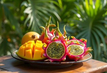 Vibrant Tropical Fruits Display on Wooden Table
