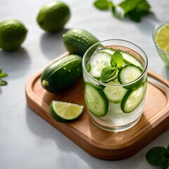 Refreshing cucumber mint water with limes on a wooden tray.