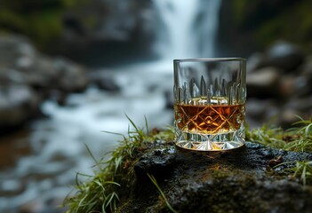 Whiskey Glass on Mossy Rock by Waterfall