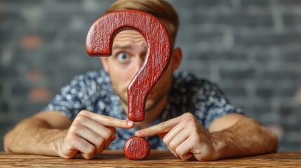 Man with wooden question mark gestures in front of brick wall demonstrating curiosity and inquiry in a casual setting