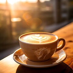 Warm Morning Coffee with Latte Art on Wooden Table