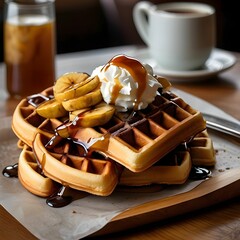 Stack of waffles with banana and caramel sauce