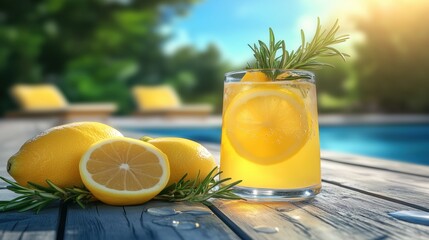 Refreshing lemonade with fresh lemons and rosemary by the pool on a sunny day