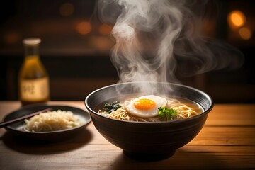 Steaming bowl of ramen with a fried egg.