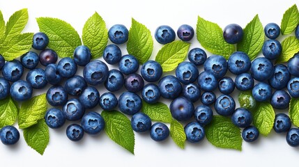 Fresh blueberries with green leaves arranged beautifully on a light background for healthy recipes and snacks