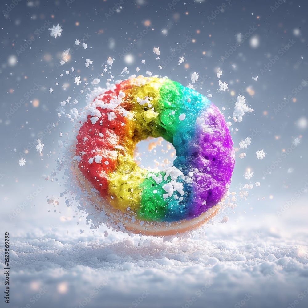 Poster photorealistic rainbow doughnut sculpted from snowy particles on a pristine white background, no sha