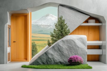 Modern Minimalist Interior Design Featuring a Large Rock and Mountain View