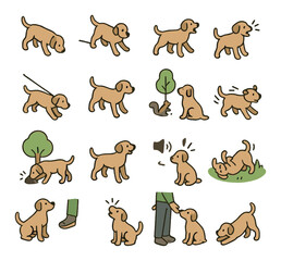 Dog behavior on walks isometric set. dog sniffing the ground, dog stopping suddenly, dog chasing squirrel, dog barking excitedly, dog pulling forward, dog