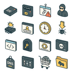 Hacker methods and tools isometric set. keylogger device, brute force attack panel, phishing link alert, man-in-the-middle icon, remote exploit trigger.
