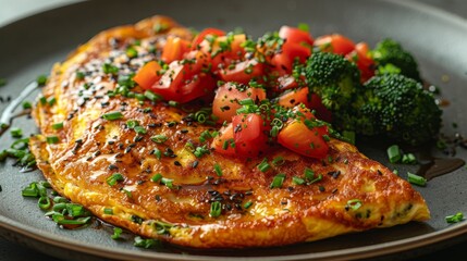 A beautifully plated omelette topped with fresh tomatoes and broccoli reflects a healthy breakfast option, enticing the viewer with vibrant colors and textures.