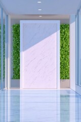 Modern Office Hallway with Green Walls and Light Pink Marble Accent Wall
