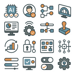 Workflow integration isometric set. AI task queue, human oversight badge, blended process flow, digital bridge interface, synced dashboard screen.