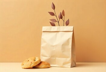 Brown Paper Bag Mockup with Baked Goods and Dried Leaves. Beige paper bag, slightly creased, positioned vertically, against a beige background.
