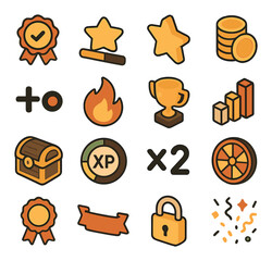 Task reward system isometric set. achievement badge, level-up star, progress bar meter, virtual coin stack, bonus points symbol, daily streak flame.